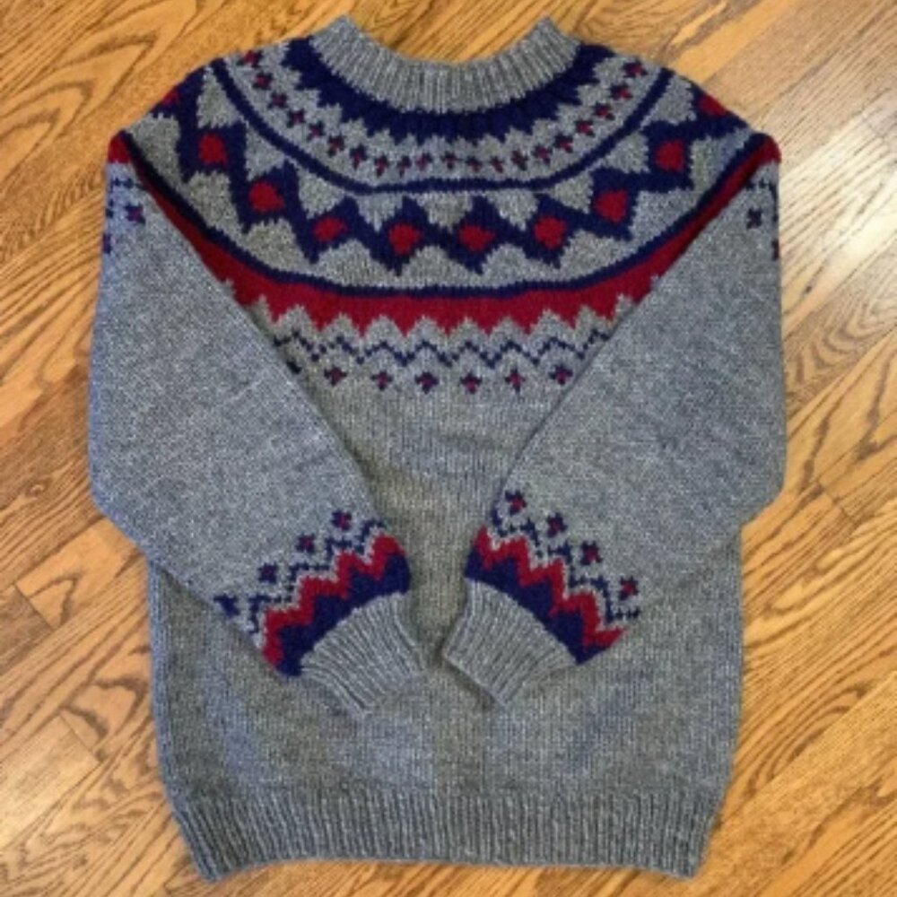 Vintage Hand Made Wool Sweater Nordic Fair Isle Heavy Knit Gray Navy Oversize L